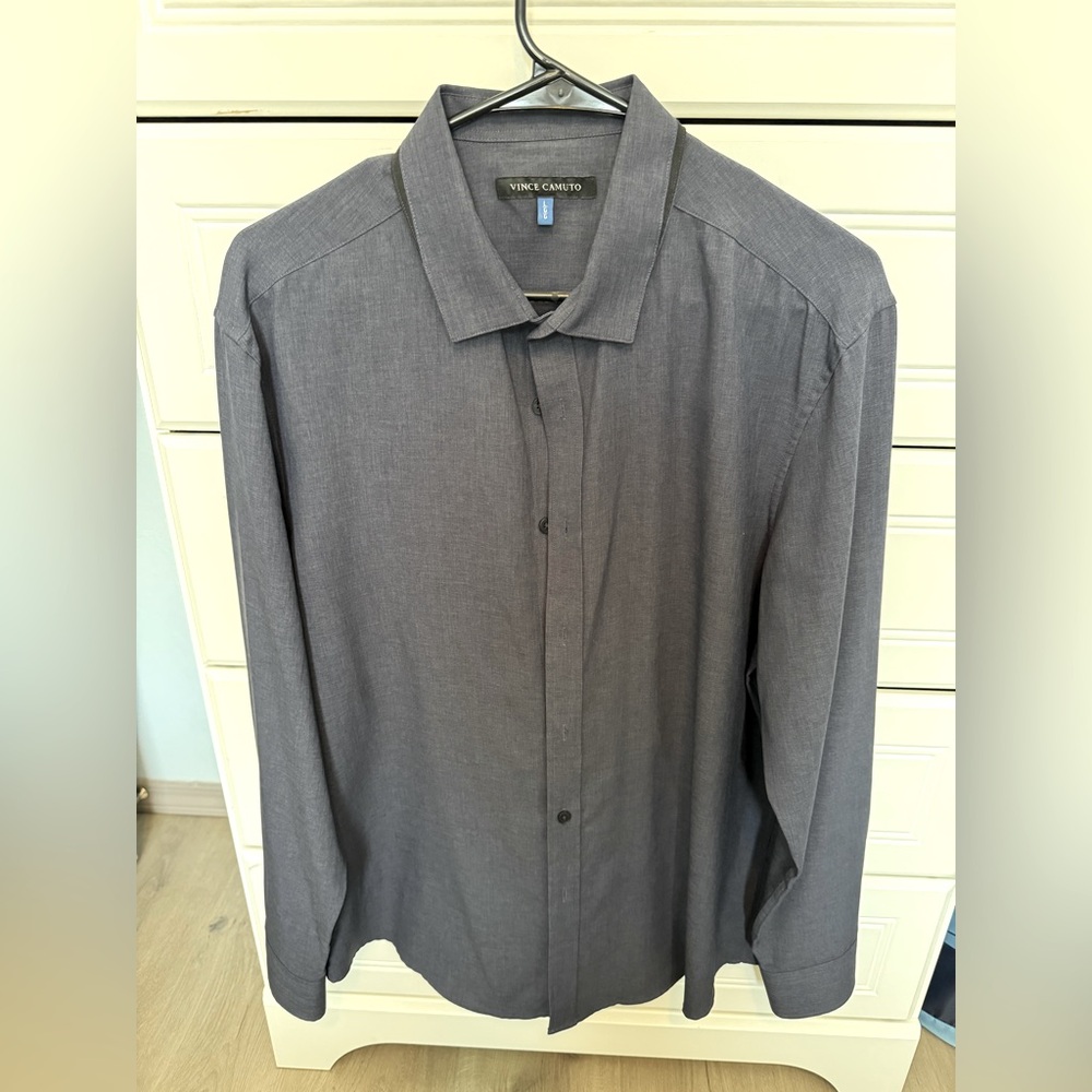 Vince Camuto dark navy with black piping on collar dress shirt. Size L.